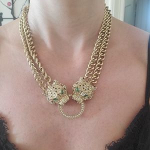 Gold Double Leopard Necklace w/ Green Stone Detail